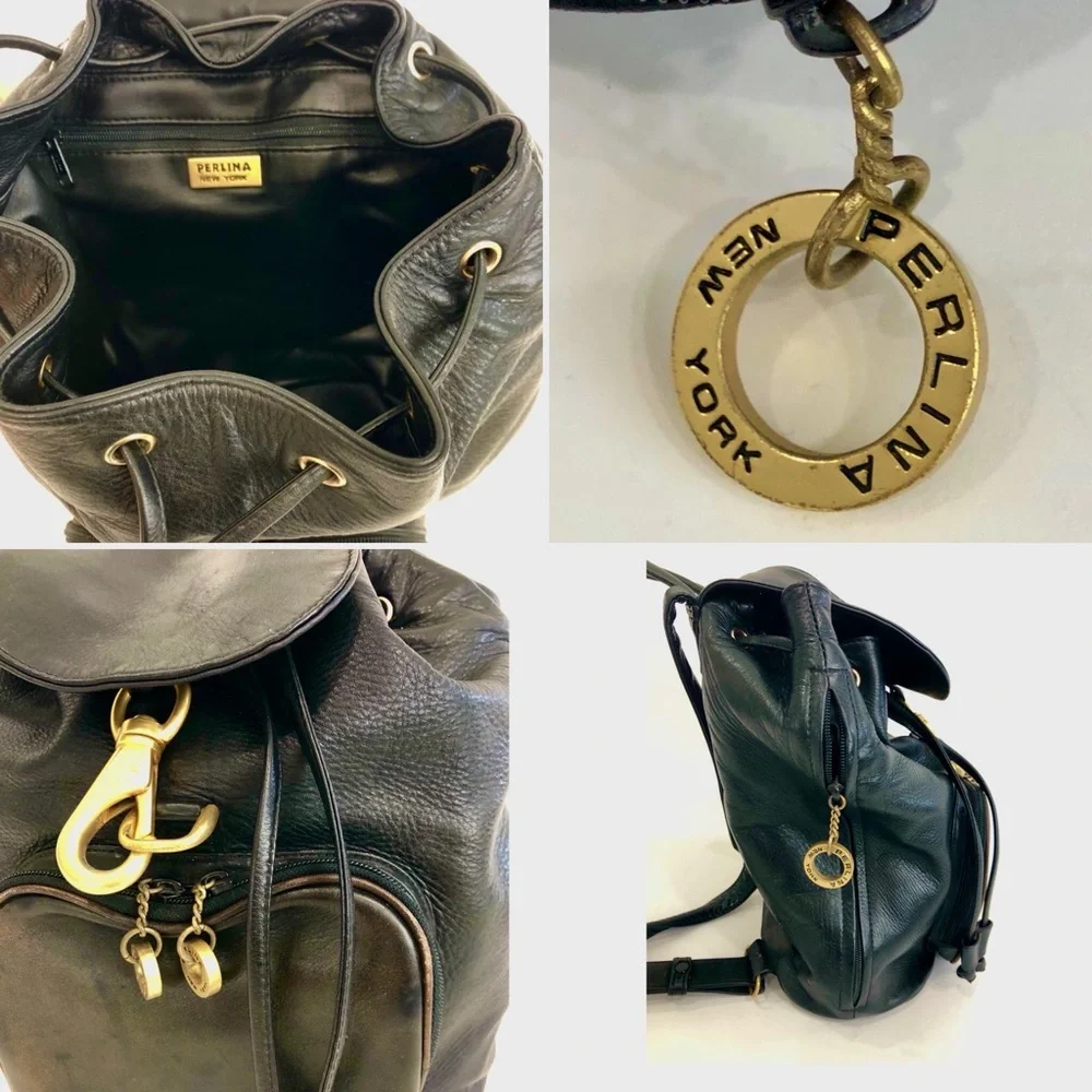 Black Leather Backpack with Gold Hardware - Picture 3 of 4